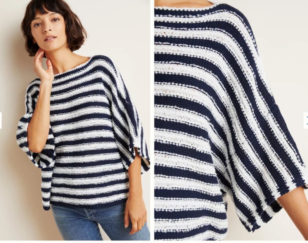 Anthropologie Evie Poncho Sweater Blue White Oversize Short Sleeve XS/S